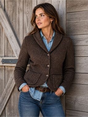 Lauren Ralph Lauren Y2K Brown Herringbone Sweater Blazer Cardigan Jacket PS